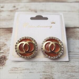Chloe Accessory Stud Earrings Gold Tone, Orange, Clear Gem - New